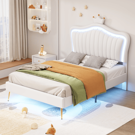 Cama de criança 90x200cm em pele sintética com LED + cabeceira regulável + estrado - Branco