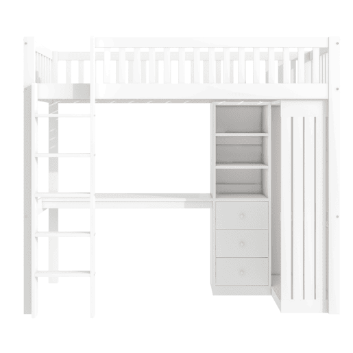 Cama alta de madeira 90x200 cm - com secretária e roupeiro - Branco Cama alta de madeira 90x200 cm - com secretária e roupeiro - Branco