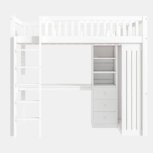 Cama alta de madeira 90x200 cm - com secretária e roupeiro - Branco