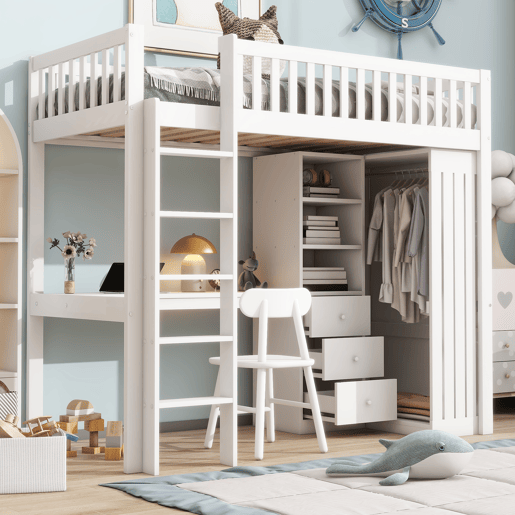 Cama alta de madeira 90x200 cm - com secretária e roupeiro - Branco Cama alta de madeira 90x200 cm - com secretária e roupeiro - Branco