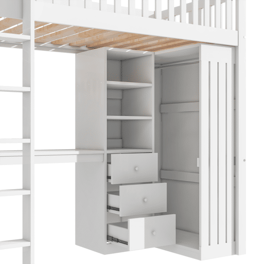 Cama alta de madeira 90x200 cm - com secretária e roupeiro - Branco Cama alta de madeira 90x200 cm - com secretária e roupeiro - Branco