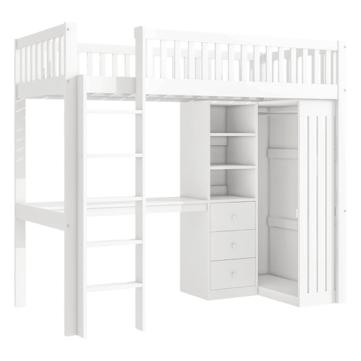 Cama alta de madeira 90x200 cm - com secretária e roupeiro - Branco Cama alta de madeira 90x200 cm - com secretária e roupeiro - Branco