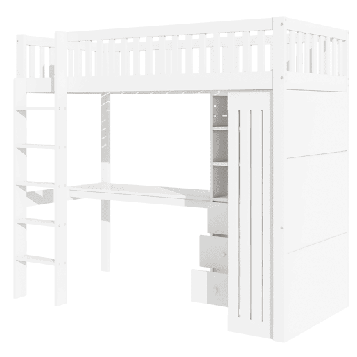 Cama alta de madeira 90x200 cm - com secretária e roupeiro - Branco Cama alta de madeira 90x200 cm - com secretária e roupeiro - Branco
