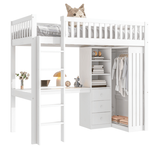 Cama alta de madeira 90x200 cm - com secretária e roupeiro - Branco Cama alta de madeira 90x200 cm - com secretária e roupeiro - Branco