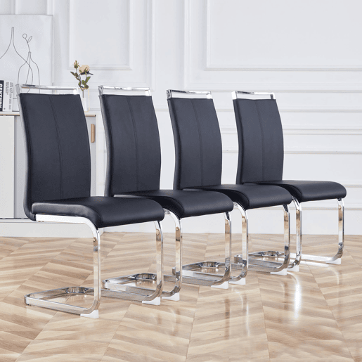 Conjunto de 4 cadeiras cantilever em pele sintética - armação em metal cromado - Preto Conjunto de 4 cadeiras cantilever em pele sintética - armação em metal cromado - Preto