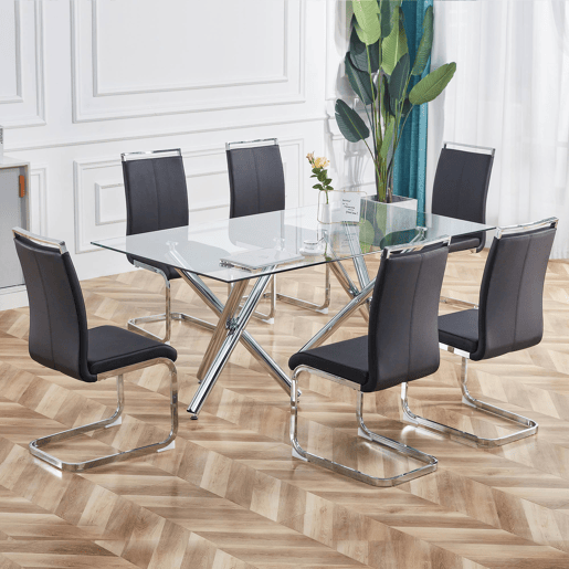 Conjunto de 4 cadeiras cantilever em pele sintética - armação em metal cromado - Preto Conjunto de 4 cadeiras cantilever em pele sintética - armação em metal cromado - Preto