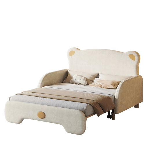 Cama de criança estofada em veludo 140x200 cm - cama de rodízio com cabeceira em forma de urso e estrado de ripas - Bege