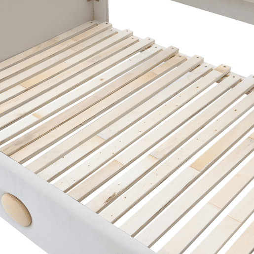 Cama de criança estofada em veludo 140x200 cm - cama de rodízio com cabeceira em forma de urso e estrado de ripas - Bege