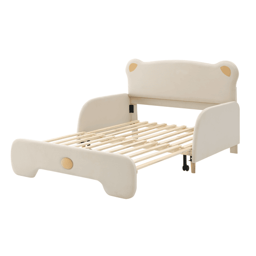Cama de criança estofada em veludo 140x200 cm - cama de rodízio com cabeceira em forma de urso e estrado de ripas - Bege
