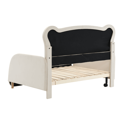 Cama de criança estofada em veludo 140x200 cm - cama de rodízio com cabeceira em forma de urso e estrado de ripas - Bege