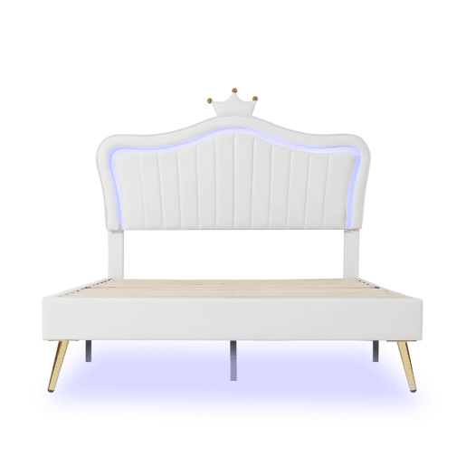 Cama de criança 140x200cm em pele sintética com LED + cabeceira regulável + estrado - Branco