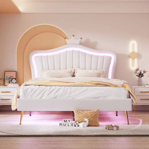 Cama de criança 140x200cm em pele sintética com LED + cabeceira regulável + estrado - Branco