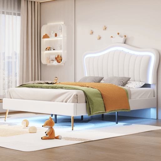 Cama de criança 140x200cm em pele sintética com LED + cabeceira regulável + estrado - Branco
