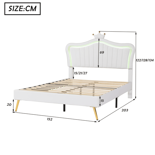 Cama de criança 140x200cm em pele sintética com LED + cabeceira regulável + estrado - Branco