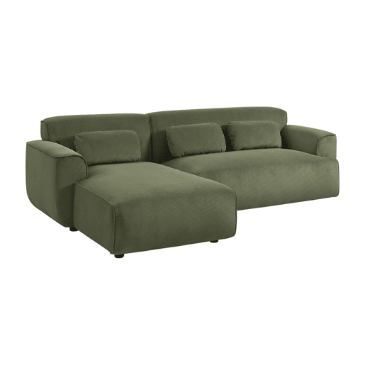 Sofá de canto esquerdo em veludo canelado fino de 3 lugares, Wallas veludo canelado, Verde, 196x151x91 cm