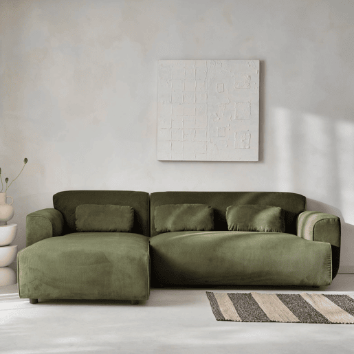Sofá de canto esquerdo em veludo canelado fino de 3 lugares, Wallas veludo canelado, Verde, 196x151x91 cm