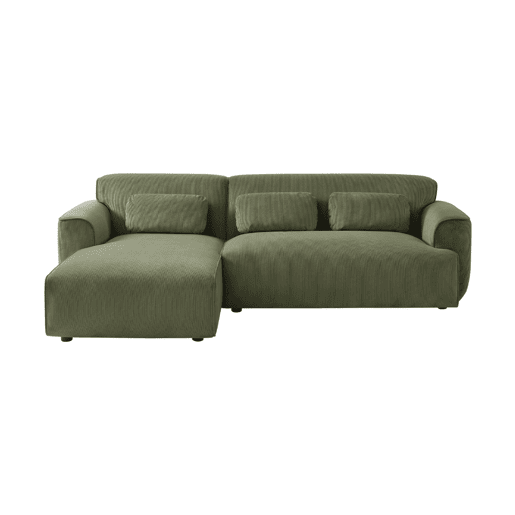 Sofá de canto esquerdo em veludo canelado fino de 3 lugares, Wallas veludo canelado, Verde, 196x151x91 cm