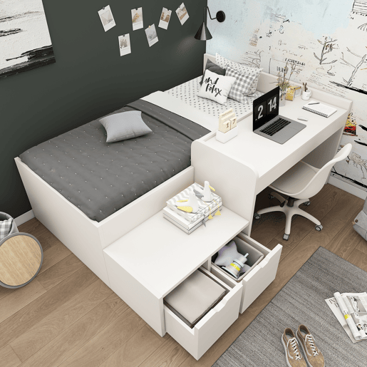 Cama de criança em madeira 90x200 cm - com secretária e gavetas - com estrado - Branco