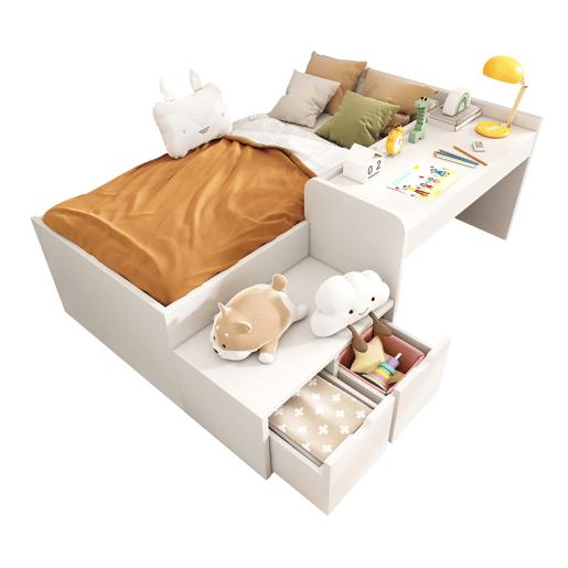 Cama de criança em madeira 90x200 cm - com secretária e gavetas - com estrado - Branco