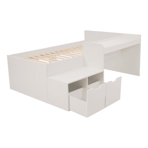 Cama de criança em madeira 90x200 cm - com secretária e gavetas - com estrado - Branco