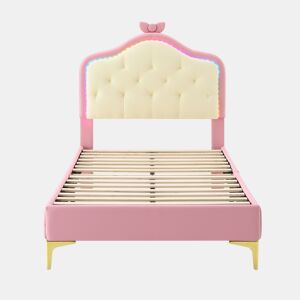 Cama de criança acolchoada com LEDs coloridos e laço na cabeceira - 90x200cm - com estrado de molas - Rosa