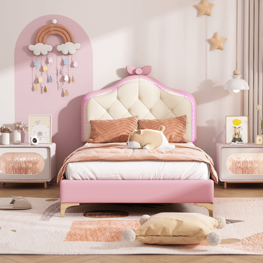 Cama de criança acolchoada com LEDs coloridos e laço na cabeceira - 90x200cm - com estrado de molas - Rosa
