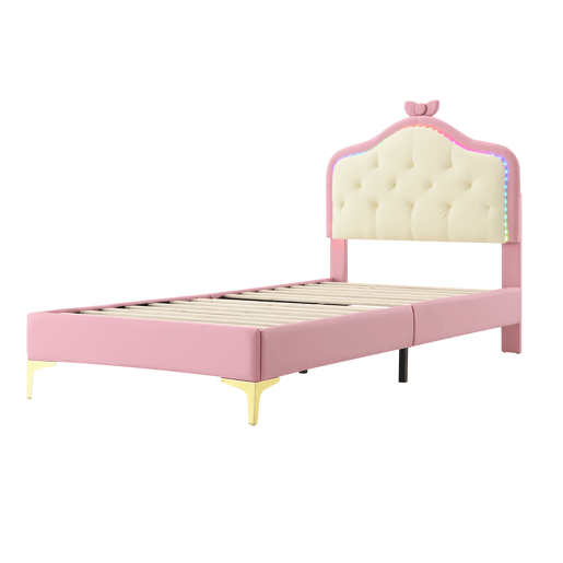 Cama de criança acolchoada com LEDs coloridos e laço na cabeceira - 90x200cm - com estrado de molas - Rosa