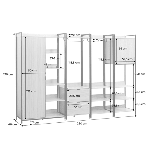 Kit de roupeiro modular com 4 elementos, Clever, Branco, 280x48x190 cm Kit de roupeiro modular com 4 elementos, Clever, Branco, 280x48x190 cm