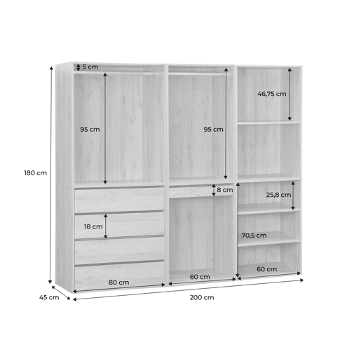 Kit de roupeiro modular com 3 elementos, Modulo, Natural, 200x45x180 cm Kit de roupeiro modular com 3 elementos, Modulo, Natural, 200x45x180 cm