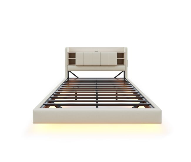 Cama tapizada de lino 140x200 cm - con toma usb + led - con base de metal - beige