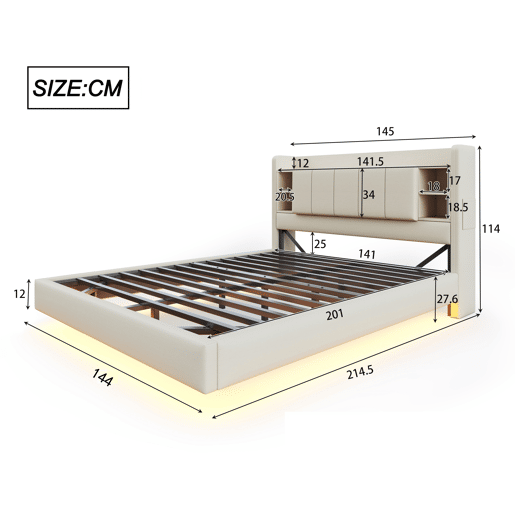 Cama estofada em linho 140x200 cm - com tomada USB + LED - com base metálica - Bege