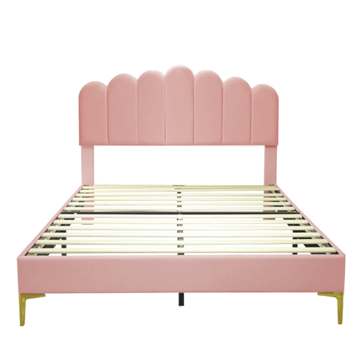Cama estofada em veludo 140x200cm com estrado de ripas - cabeceira regulável - Rosa