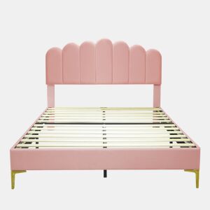 Cama estofada em veludo 140x200cm com estrado de ripas - cabeceira regulável - Rosa