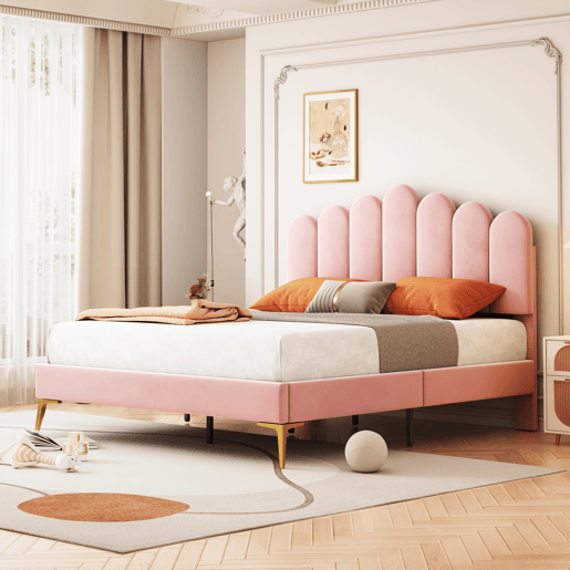 Cama estofada em veludo 140x200cm com estrado de ripas - cabeceira regulável - Rosa