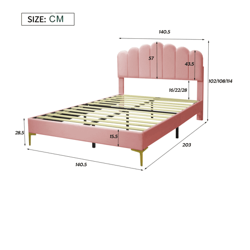 Cama estofada em veludo 140x200cm com estrado de ripas - cabeceira regulável - Rosa