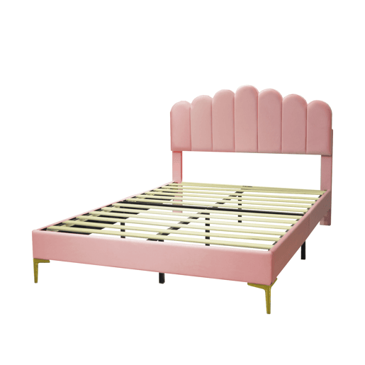 Cama estofada em veludo 140x200cm com estrado de ripas - cabeceira regulável - Rosa