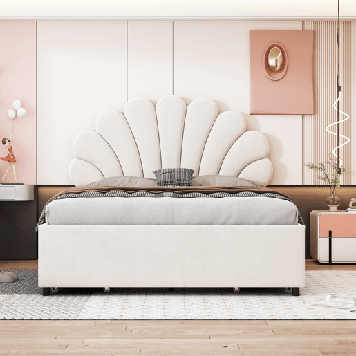 Cama de casal estofada em veludo com 4 gavetas - 140x200cm - cabeceira em forma de flor - com estrado de molas - Bege