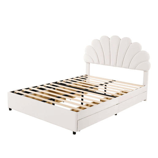 Cama de casal estofada em veludo com 4 gavetas - 140x200cm - cabeceira em forma de flor - com estrado de molas - Bege