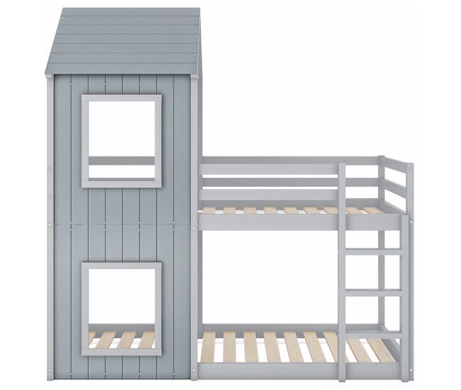 Litera cabina 90x200 cm - madera maciza - con 2 ventanas - gris