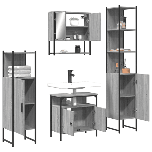 vidaXL 4 pcs Conjunto móveis casa de banho madeira proc. cinza sonoma