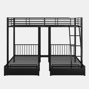 Beliche para 3 crianças com 2 gavetas - 140x200cm e 2x90x200cm - estrutura de colchão - Preto (colchão não incluído)