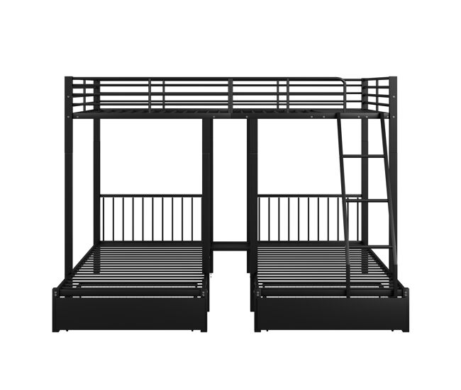 Litera para 3 niños con 2 cajones - 140x200cm y 2x90x200cm - estructura de colchón - negro (colchón no incluido)