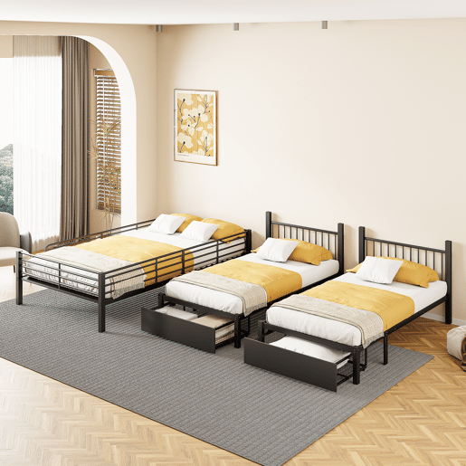 Beliche para 3 crianças com 2 gavetas - 140x200cm e 2x90x200cm - estrutura de colchão - Preto (colchão não incluído)