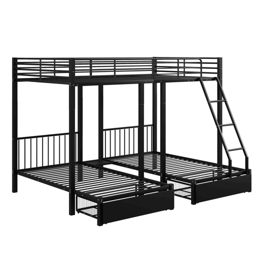 Beliche para 3 crianças com 2 gavetas - 140x200cm e 2x90x200cm - estrutura de colchão - Preto (colchão não incluído)