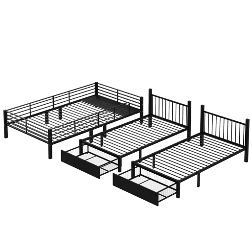 Beliche para 3 crianças com 2 gavetas - 140x200cm e 2x90x200cm - estrutura de colchão - Preto (colchão não incluído)