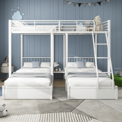 Beliche para 3 crianças com 2 gavetas - 140x200cm e 2x90x200cm - estrutura do colchão - Branco (colchão não incluído)