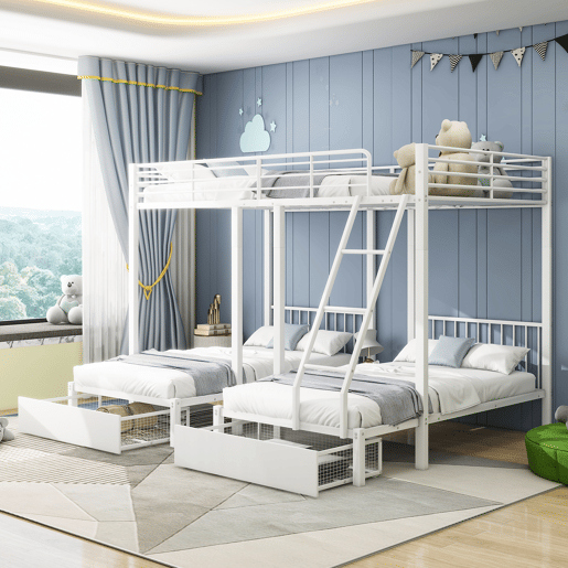 Beliche para 3 crianças com 2 gavetas - 140x200cm e 2x90x200cm - estrutura do colchão - Branco (colchão não incluído)