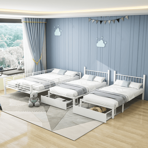 Beliche para 3 crianças com 2 gavetas - 140x200cm e 2x90x200cm - estrutura do colchão - Branco (colchão não incluído)
