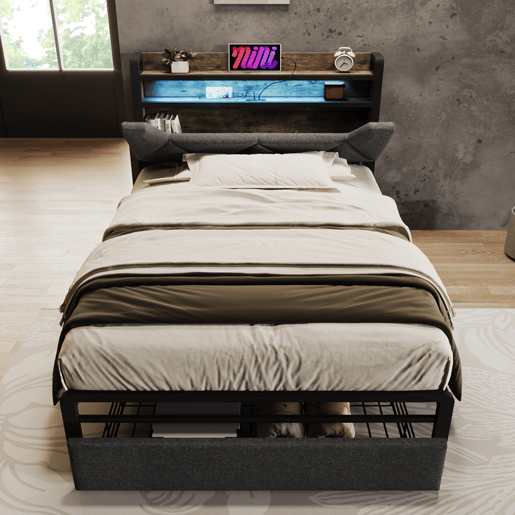 Cama com gaveta 90x200cm estofada em tecido de linho - com LED e portas de carregamento - Cinzento