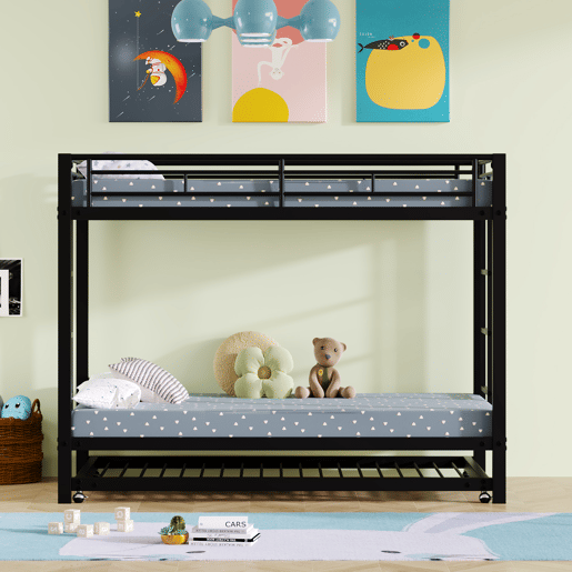 Beliche de metal 90x200 cm - com cama de rodízio 90x190 cm com rodas - Preto